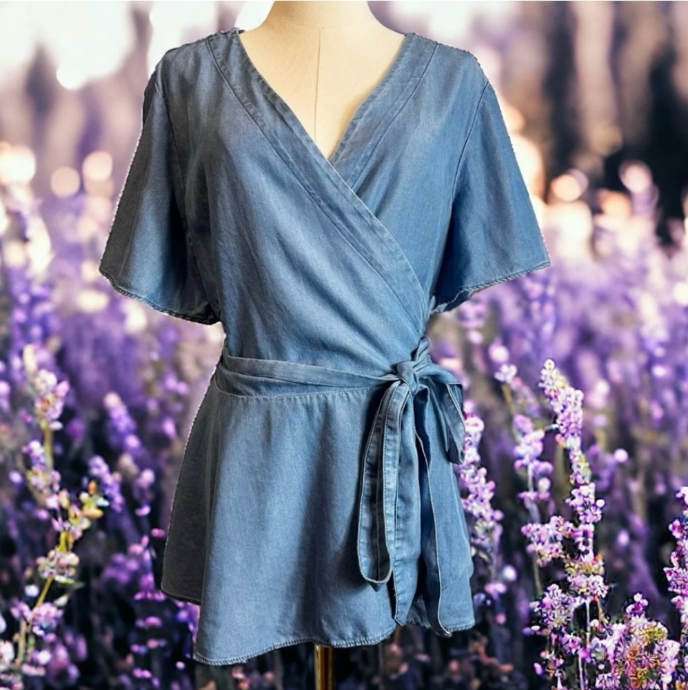 LOFT Blue Chambray Lyocell Wrap Blouse
